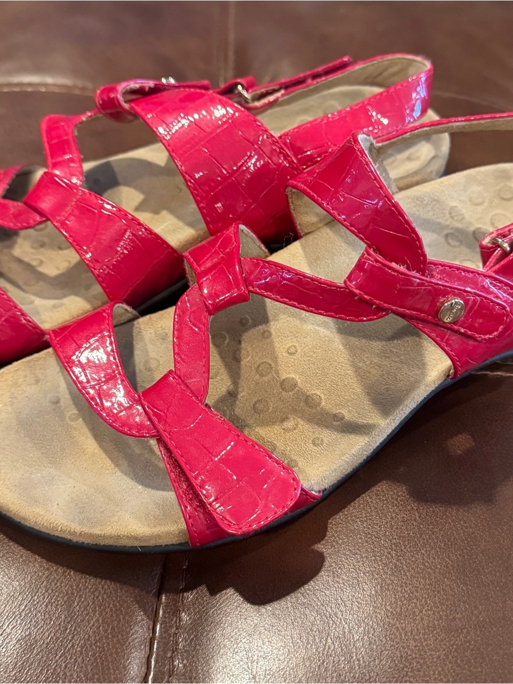 Vionic Bright Red Patent Strappy Slingback Sandals